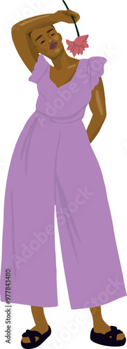 femme noire tient une fleur combinaison lilas main sur tête cheveux afro courts vecteur