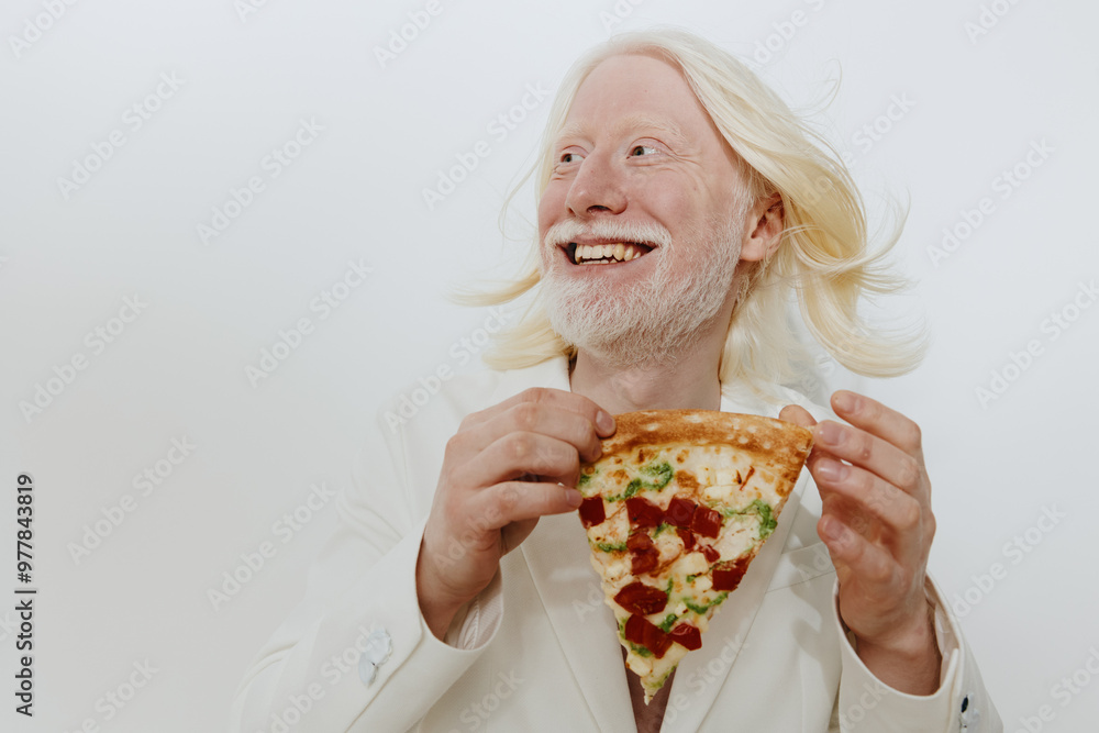 joyful man with white hair holding a slice of pizza against a plain light background, smiling widely, conveying happiness and enjoyment through food and carefree moments joyful man with white hair holding a slice of pizza against a plain light background, smiling widely, conveying happiness and enjoyment through food and carefree moments