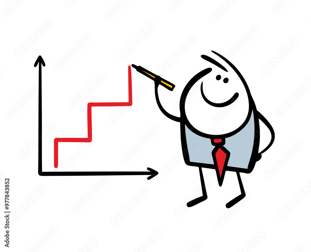 Satisfied businessman makes a report on the company's success, draws a profit graph with marker. Vector illustration of growing curved line creeping up, financial well-being and stable income. Satisfied businessman makes a report on the company's success, draws a profit graph with marker. Vector illustration of growing curved line creeping up, financial well-being and stable income.