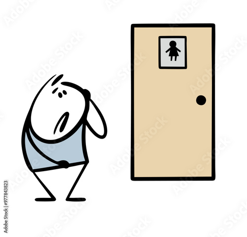 Cartoon unfortunate boy stands at the door to the women's bathroom and suffers. Vector illustration stickman wants to write, but confused the booths. Doodle funny gender situation.