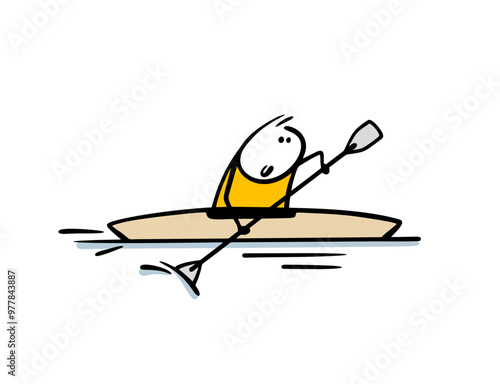 Young athlete is kayaking and rowing. Vector illustration of sports competitions on the river. A water sport for health and beauty.