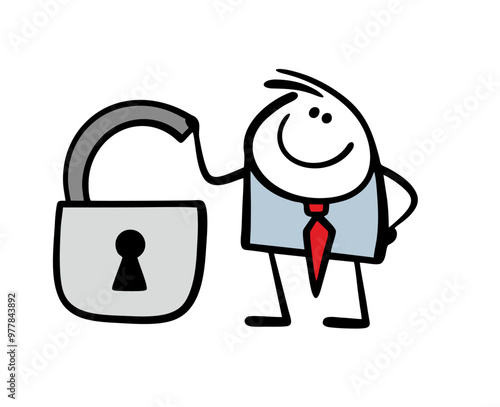 Stickman in cartoon  business suit holds  huge open lock in his hands. Doodle satisfied businessman discovered freedom. Vector illustration of the concept of the solved problem.