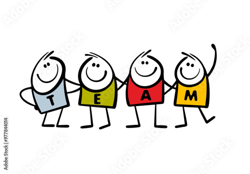 Doodle group of people, a dream team, go together to achieve their goal of business success. Vector illustration of a lot of men with letters hugging. Isolated caricature comics characters on white.