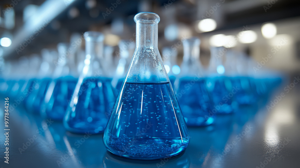 Laboratory flasks filled with blue liquid on a reflective surface. Laboratory flasks filled with blue liquid on a reflective surface.