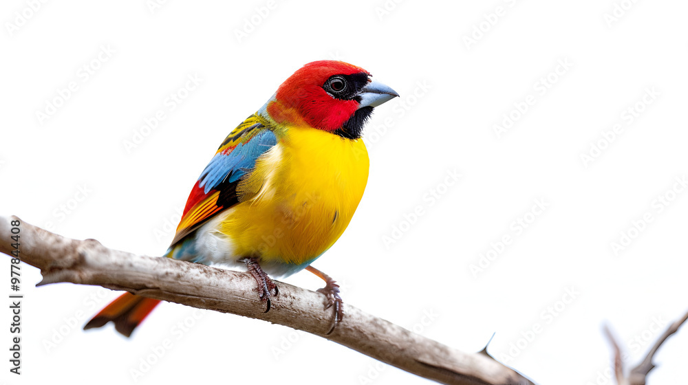 Fototapeta premium A colorful tanager perched on a branch on a white background with copy space, bright feathers shining