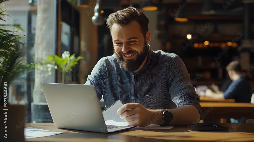Bearded Man Smiling While Working on a Laptop and Papers in a Cafe Bearded Man Smiling While Working on a Laptop and Papers in a Cafe