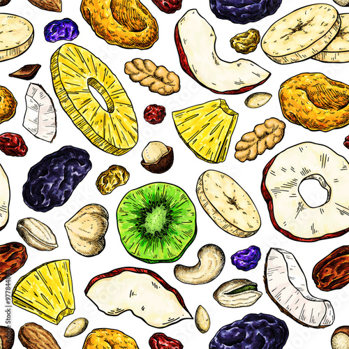 Dried fruits and nuts drawing. Seamless vector pattern.