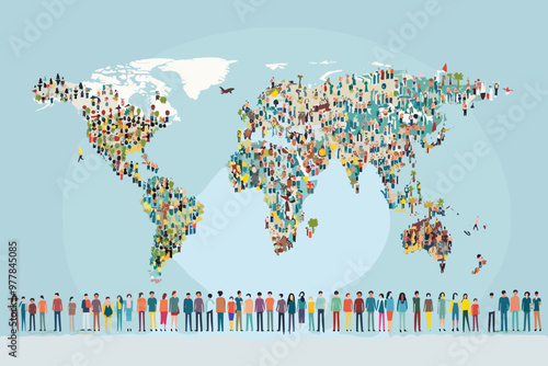 Diverse World Population with Various Ethnic Groups and Cultures Representing Global Community, Society and Unity Concept Illustration