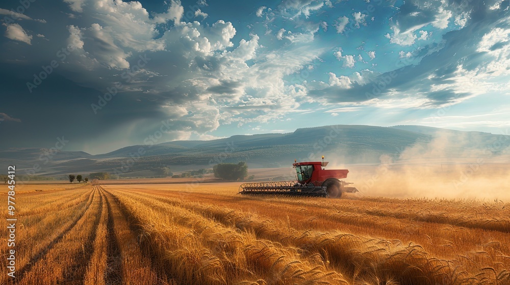 A modern red combine harvester moves through a vast wheat field during harvest season, with dust rising under a dramatic sky, showcasing agricultural advancement. A modern red combine harvester moves through a vast wheat field during harvest season, with dust rising under a dramatic sky, showcasing agricultural advancement.