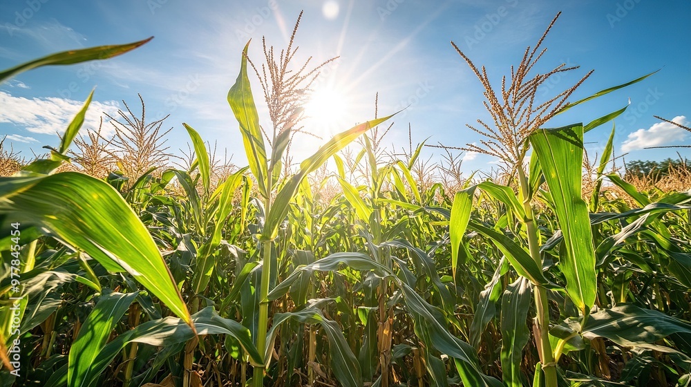 Sunlight illuminating a lush cornfield under a clear blue sky. Sunlight illuminating a lush cornfield under a clear blue sky.
