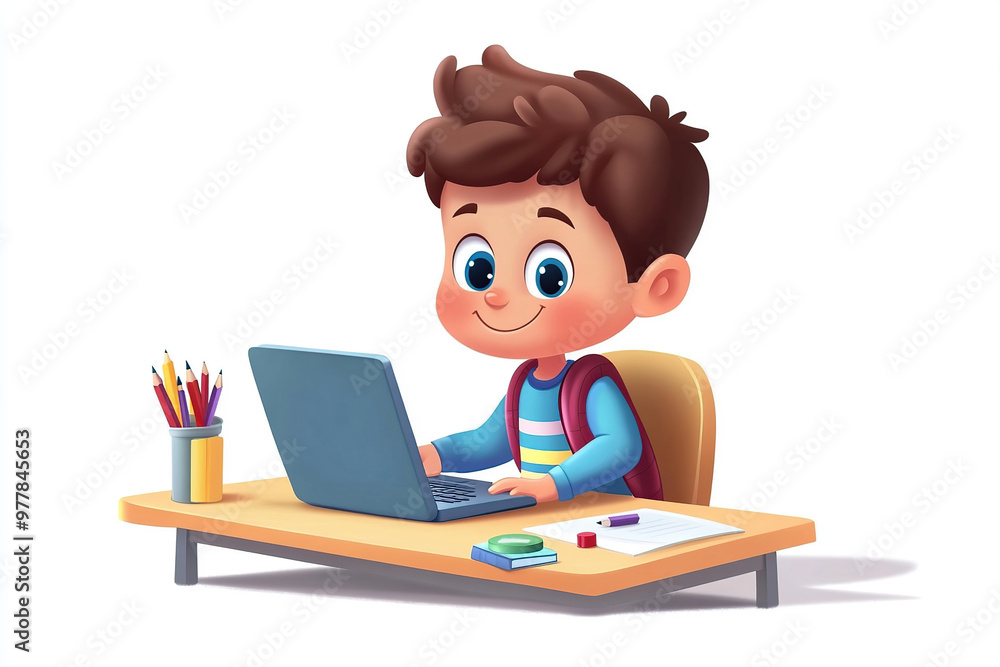 Cute cartoon child using laptop on white background Cute cartoon child using laptop on white background