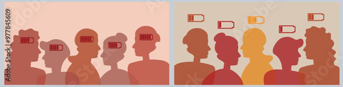 The energy concept set is a group of silhouettes of people, without energy. discharged, mental health, stress, anxiety, a lot of work	