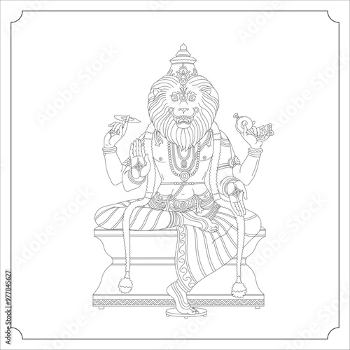 Indian God NARASIMHAVATARA Isolated Outline Vector Illustration