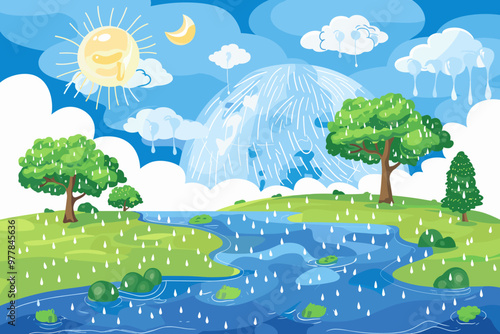 Earth's Water Cycle Diagram with Condensation, Precipitation, and Evaporation Processes