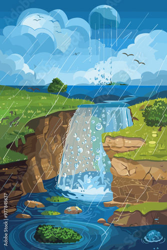 Earth's Water Cycle Diagram with Condensation, Precipitation, and Evaporation Processes