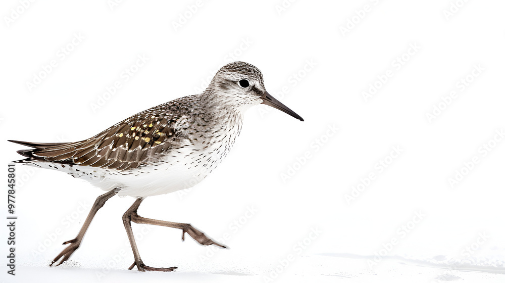 A delicate sandpiper walking along a beach on a white background with copy space, tiny legs quick A delicate sandpiper walking along a beach on a white background with copy space, tiny legs quick