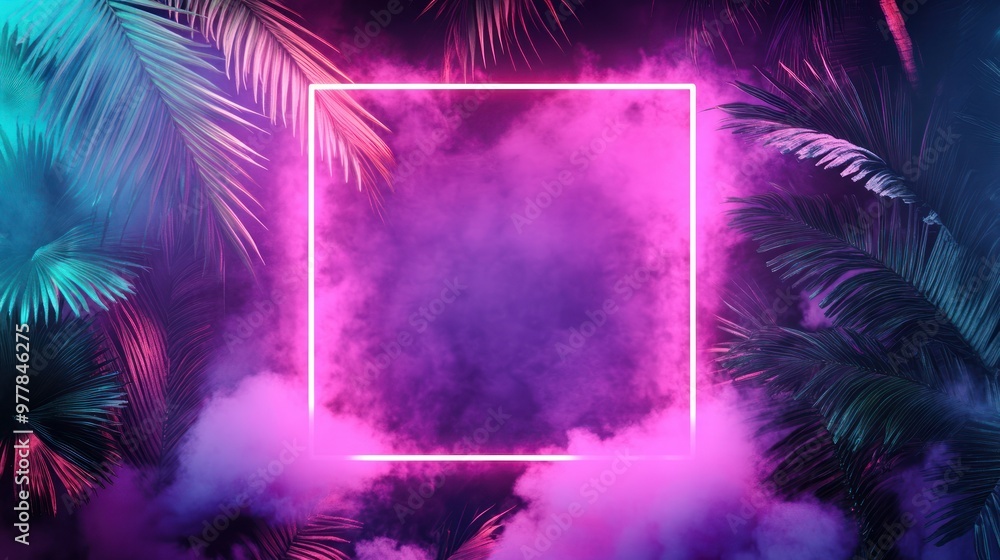 Neon Glow Frame with Palm Leaves and Fog