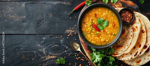 Indian dal dishes Masoor Dal or Dal Tadka Curry along with homemade Flatbread Chapati Traditional Indian lentil soup Indian Dhal spicy curry in a bowl with spices and herbs set against a rustic black