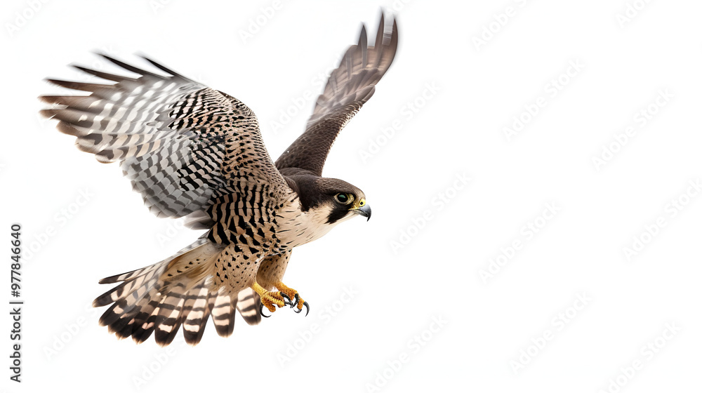 Fototapeta premium A fast falcon in mid-dive on a white background with copy space, wings tucked tightly