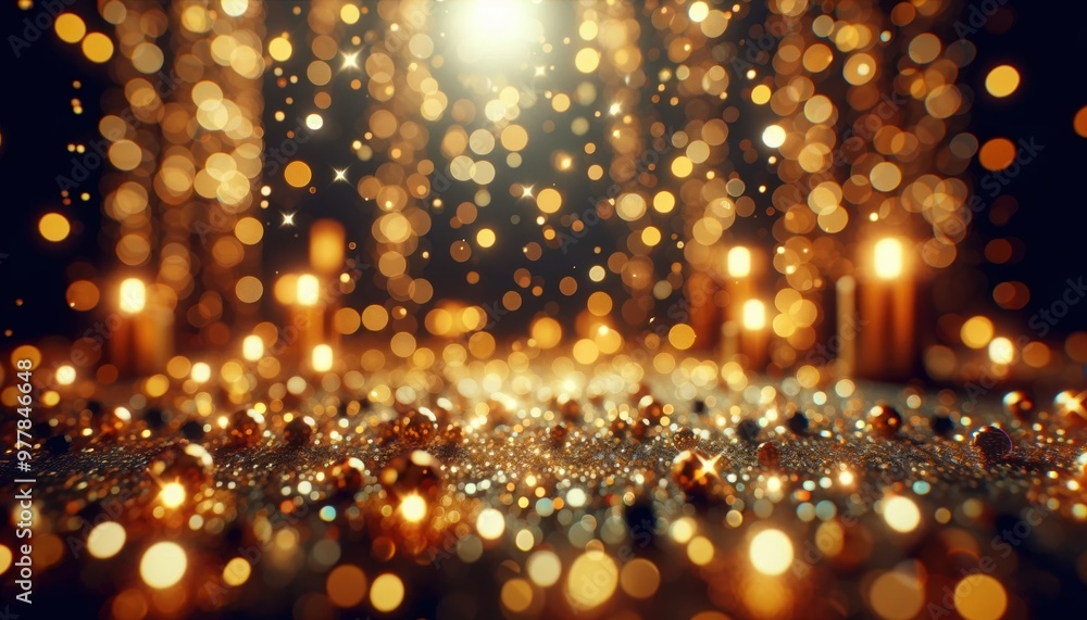 A sparkling display of golden lights in a blurred bokeh effect, creating a magical and festive atmosphere. The warm tones evoke feelings of celebration and joy A sparkling display of golden lights in a blurred bokeh effect, creating a magical and festive atmosphere. The warm tones evoke feelings of celebration and joy