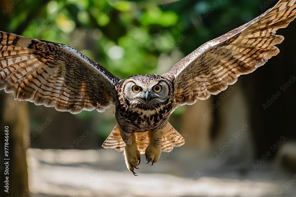 Great Horned Owl in Flight with Sharp Eyes and Spread Wings