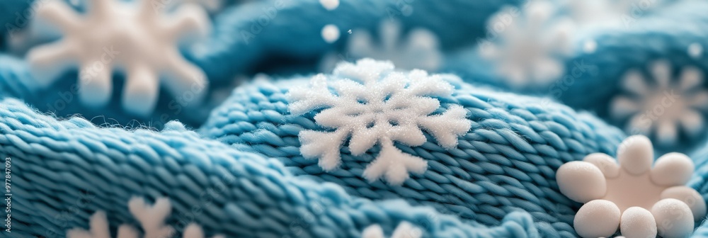 Naklejka premium close-up of white snowflakes on blue knitted fabric, winter holiday texture