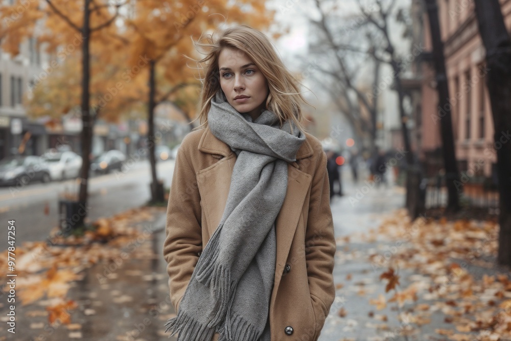 Sophisticated Woman in Neutral Fall Outfit Walking Through a City Street with Fallen Leaves Sophisticated Woman in Neutral Fall Outfit Walking Through a City Street with Fallen Leaves