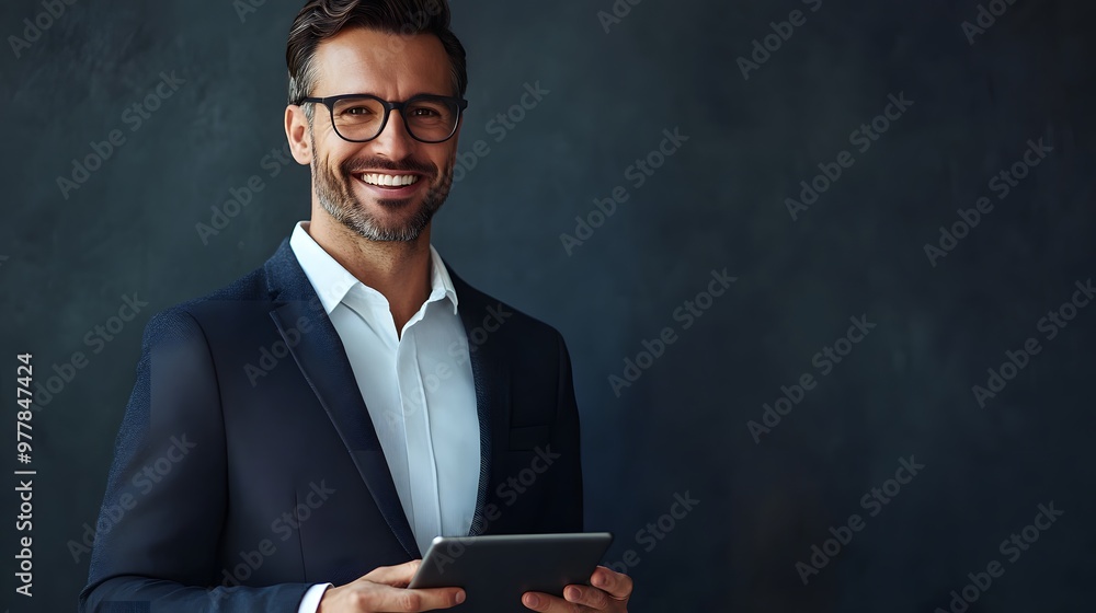 A Smiling Man in a Suit Holding a Tablet A Smiling Man in a Suit Holding a Tablet