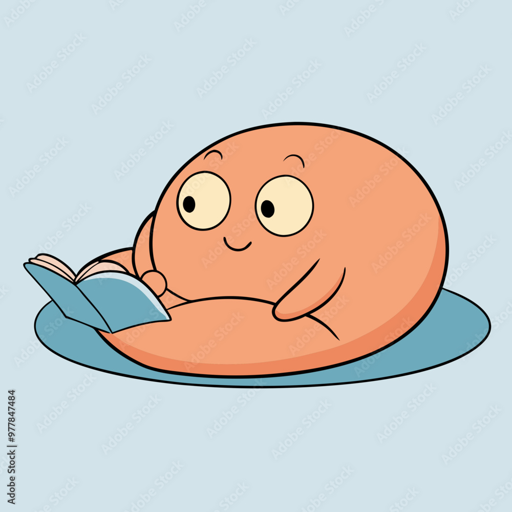 A cartoon character lying on its stomach on a light blue beanbag, coloring in a sketchbook. A cartoon character lying on its stomach on a light blue beanbag, coloring in a sketchbook.