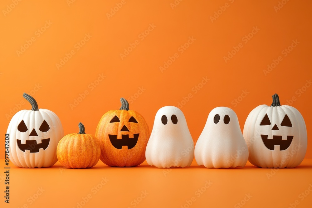 Halloween pumpkins and white sheet ghosts 3d render style with orange background and copy space. Halloween pumpkins and white sheet ghosts 3d render style with orange background and copy space.