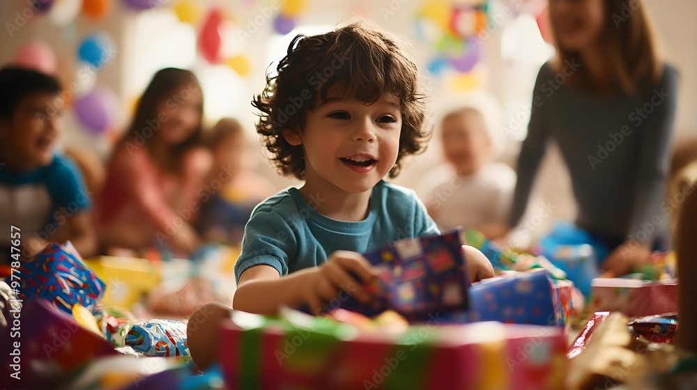 A birthday child opening presents surrounded by friends with colorful wrapping paper scattered everywhere. A birthday child opening presents surrounded by friends with colorful wrapping paper scattered everywhere.