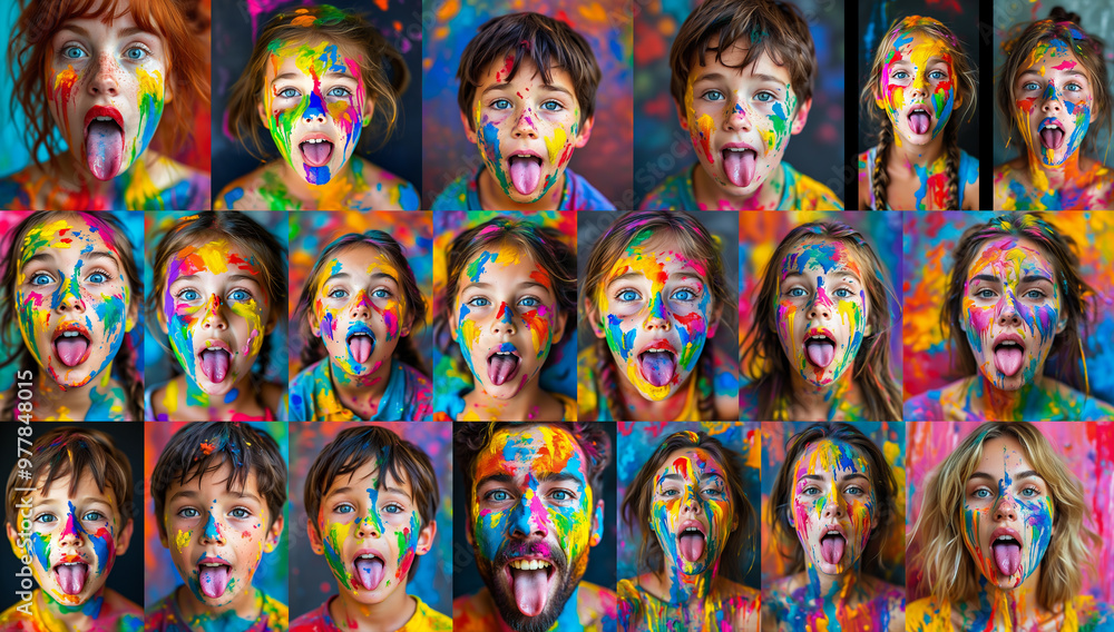 a collection of people covered in paint and showing their tongues a collection of people covered in paint and showing their tongues