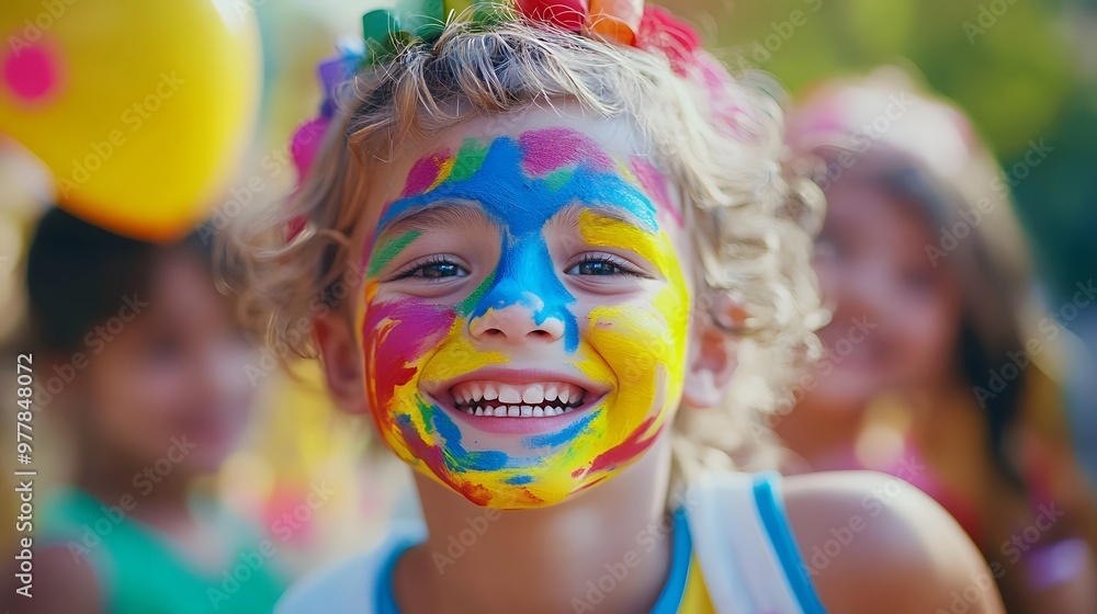 A birthday child wearing a colorful face paint design smiling and posing for pictures with friends. A birthday child wearing a colorful face paint design smiling and posing for pictures with friends.