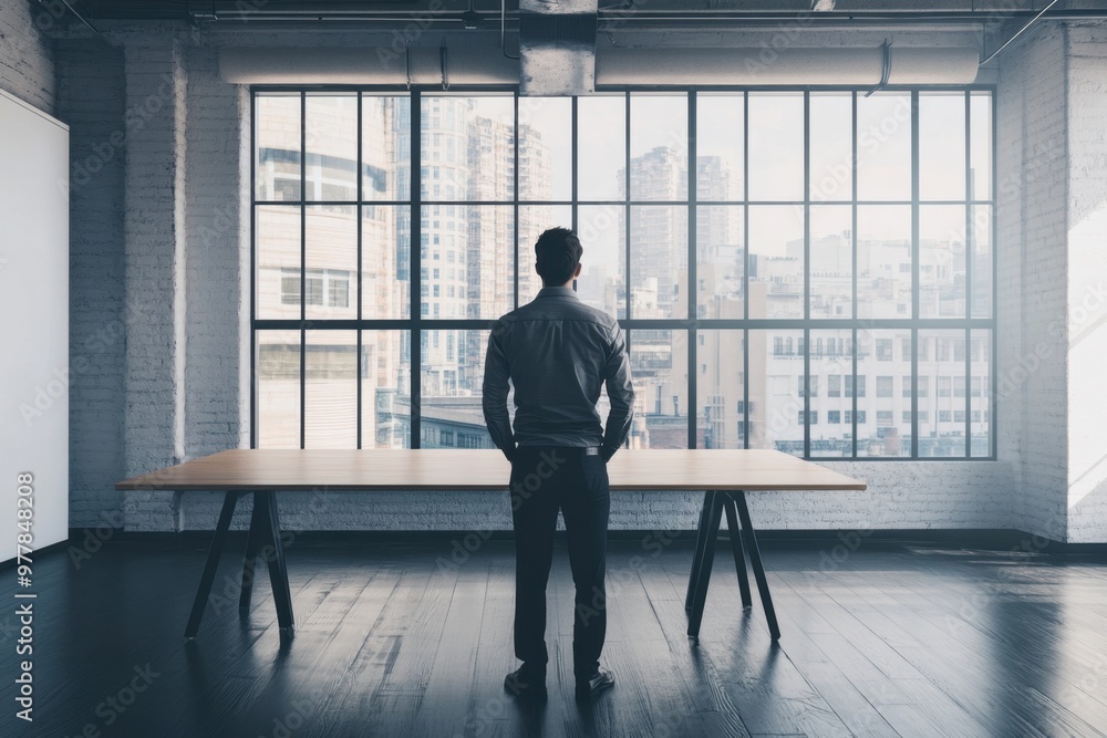Fototapeta premium A businessman standing in front of a table, with an empty conference room and a black wooden floor in the background Generative AI