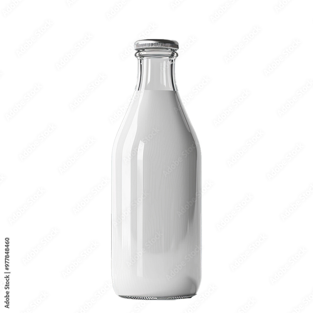 Classic glass bottle full of fresh milk with a silver cap is standing on a white background Classic glass bottle full of fresh milk with a silver cap is standing on a white background