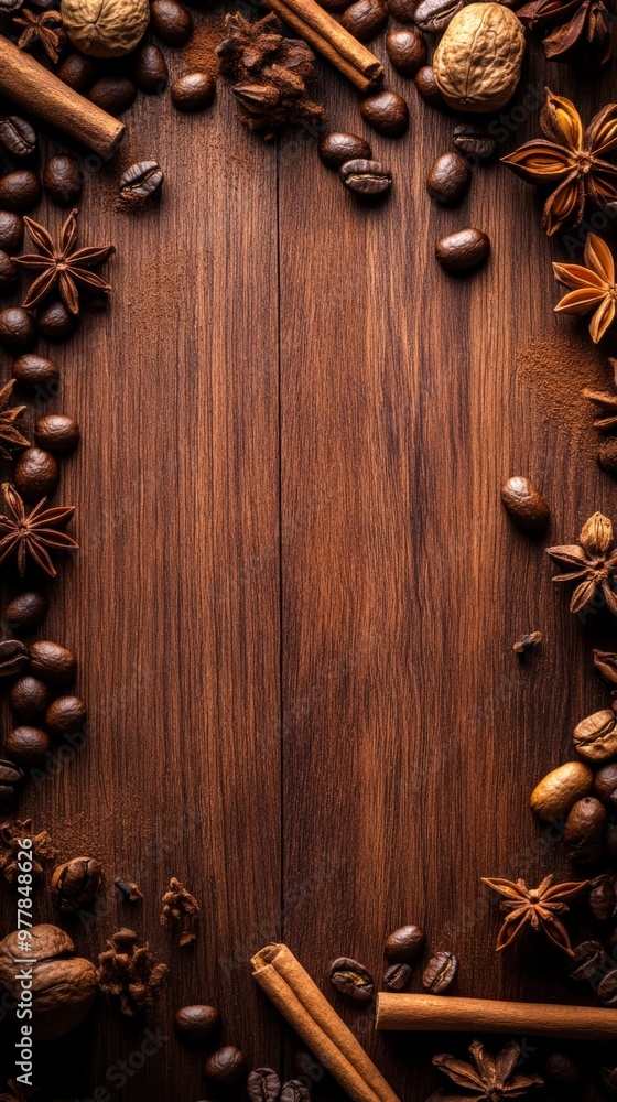 Coffee Beans, Cinnamon, and Warm Spices on Wood Coffee Beans, Cinnamon, and Warm Spices on Wood