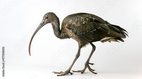 A graceful ibis with its long beak pointed forward on a white background with copy space, legs thin and tall photo