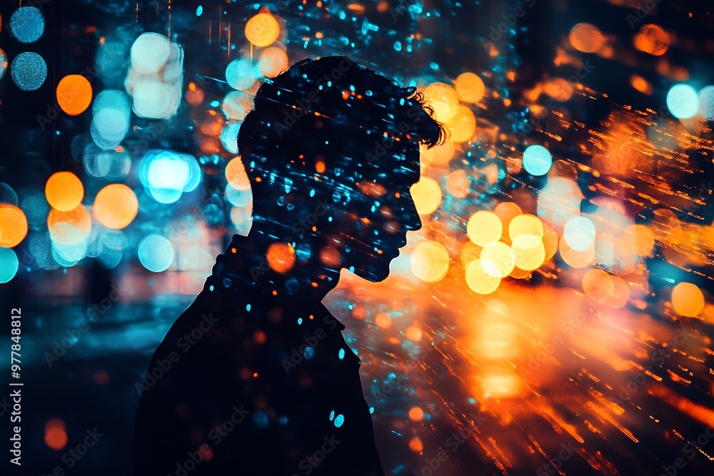 Silhouette of a man with abstract lights in city background. Concept for urban life, anonymity, reflection, thoughts Silhouette of a man with abstract lights in city background. Concept for urban life, anonymity, reflection, thoughts