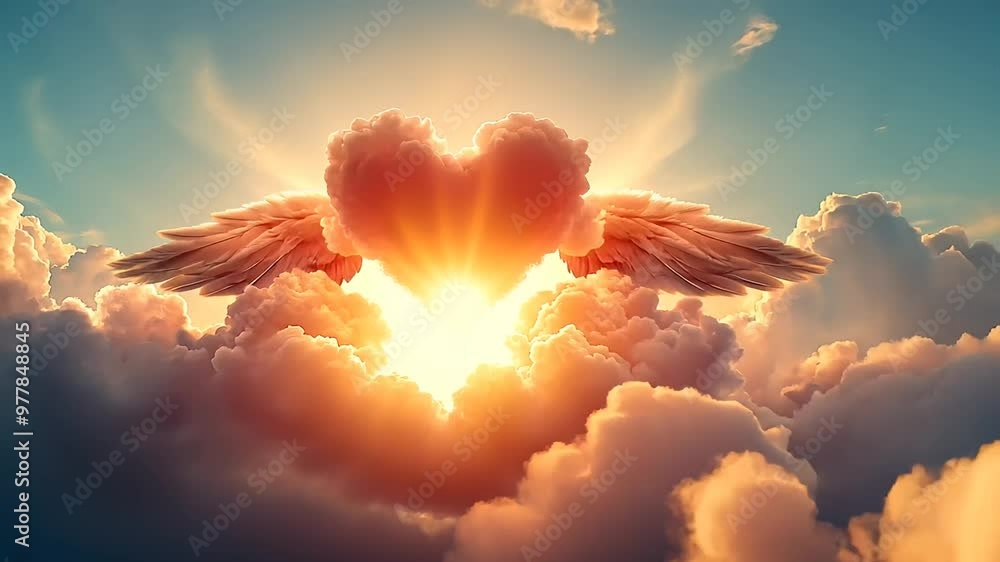 Cloudy sky with a glowing heart and wings breaking through