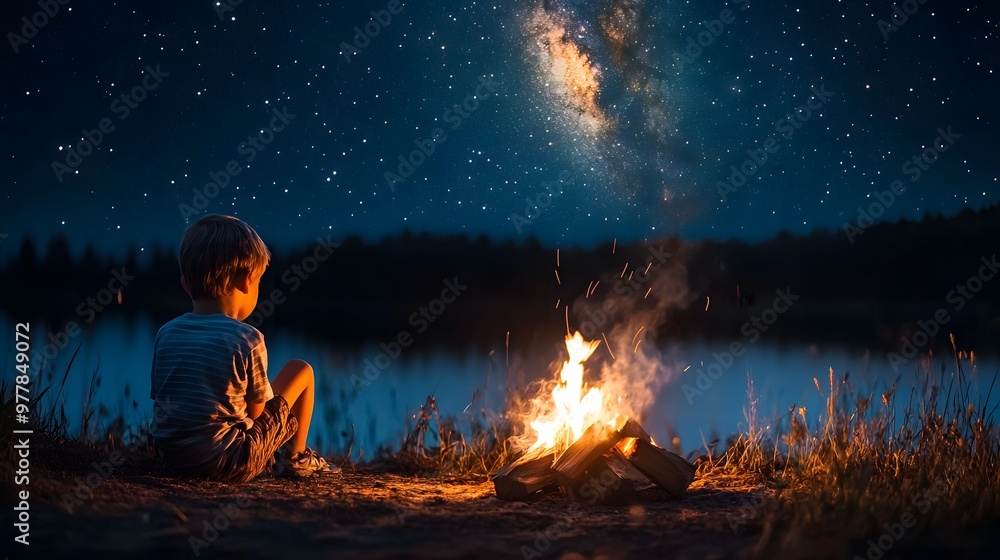 A child sitting by a campfire looking at the stars with a sense of awe and reflection. A child sitting by a campfire looking at the stars with a sense of awe and reflection.