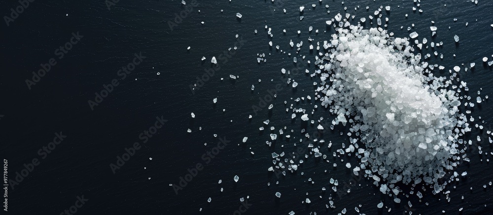 Salt separated on a black background top view. Copy space image. Place for adding text and design Salt separated on a black background top view. Copy space image. Place for adding text and design