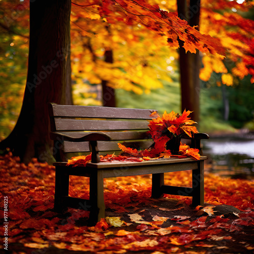 forestfilled with vibrant autumn foliage. Use rich hues of red, orange, and gold to create a warm andcozy atmosphere, and add elements like fallen leaves and a rustic wooden bench for an extratouch of photo