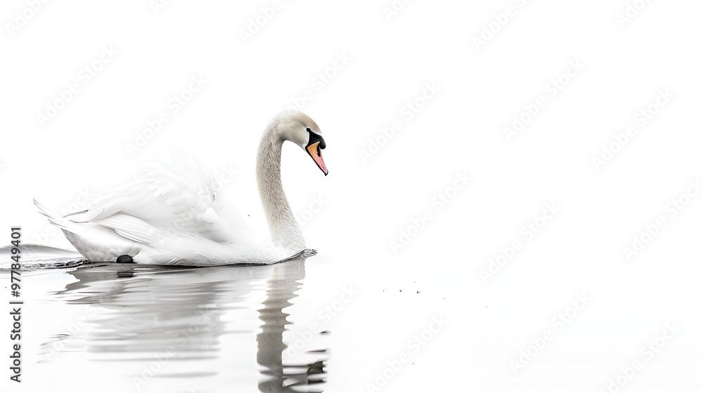 A graceful swan gliding across calm waters on a white background with copy space, wings tucked close A graceful swan gliding across calm waters on a white background with copy space, wings tucked close