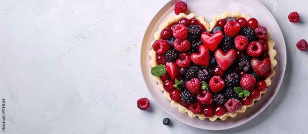 Homemade berry tart and white chocolate in the shape of a heart. Copy space image. Place for adding text and design Homemade berry tart and white chocolate in the shape of a heart. Copy space image. Place for adding text and design