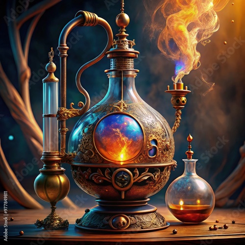 Enchanting fantasy alchemist's alembic with swirling cosmic energy and flames. Generative AI photo