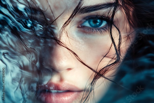 Closeup portrait of a woman with blue eyes and wet hair in water photo