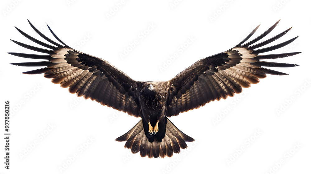 A majestic black kite soaring through the air on a white background with copy space, wings arched gracefully A majestic black kite soaring through the air on a white background with copy space, wings arched gracefully