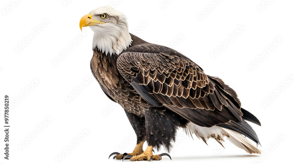 Obraz premium A majestic bald eagle standing tall on a white background with copy space, wings partially spread