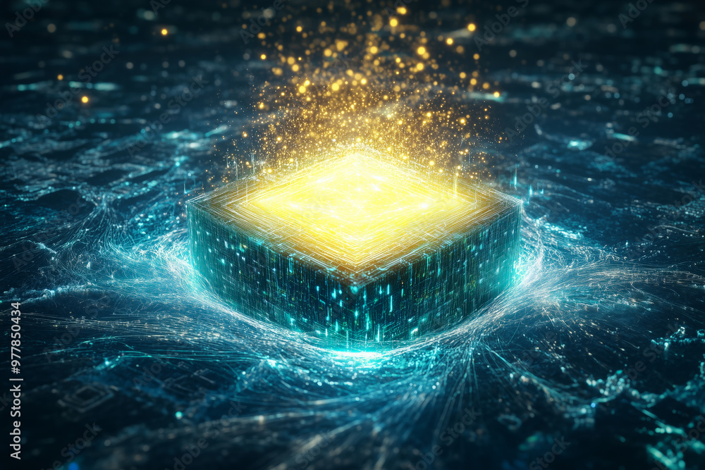 Fototapeta premium A glowing quantum processor emits energy and light in a digital, futuristic environment, representing advanced computing technology and innovation