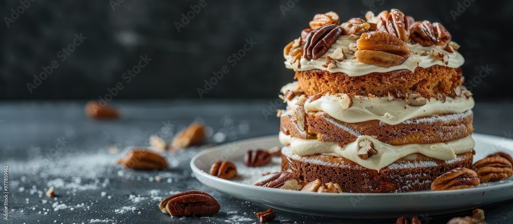 © Ilgun - Close up food photography of a homemade sponge coffee cake topped with buttercream or frosting and pecan nuts served on a white plate against a dark background with space. Copy space image © Ilgun - Close up food photography of a homemade sponge coffee cake topped with buttercream or frosting and pecan nuts served on a white plate against a dark background with space. Copy space image